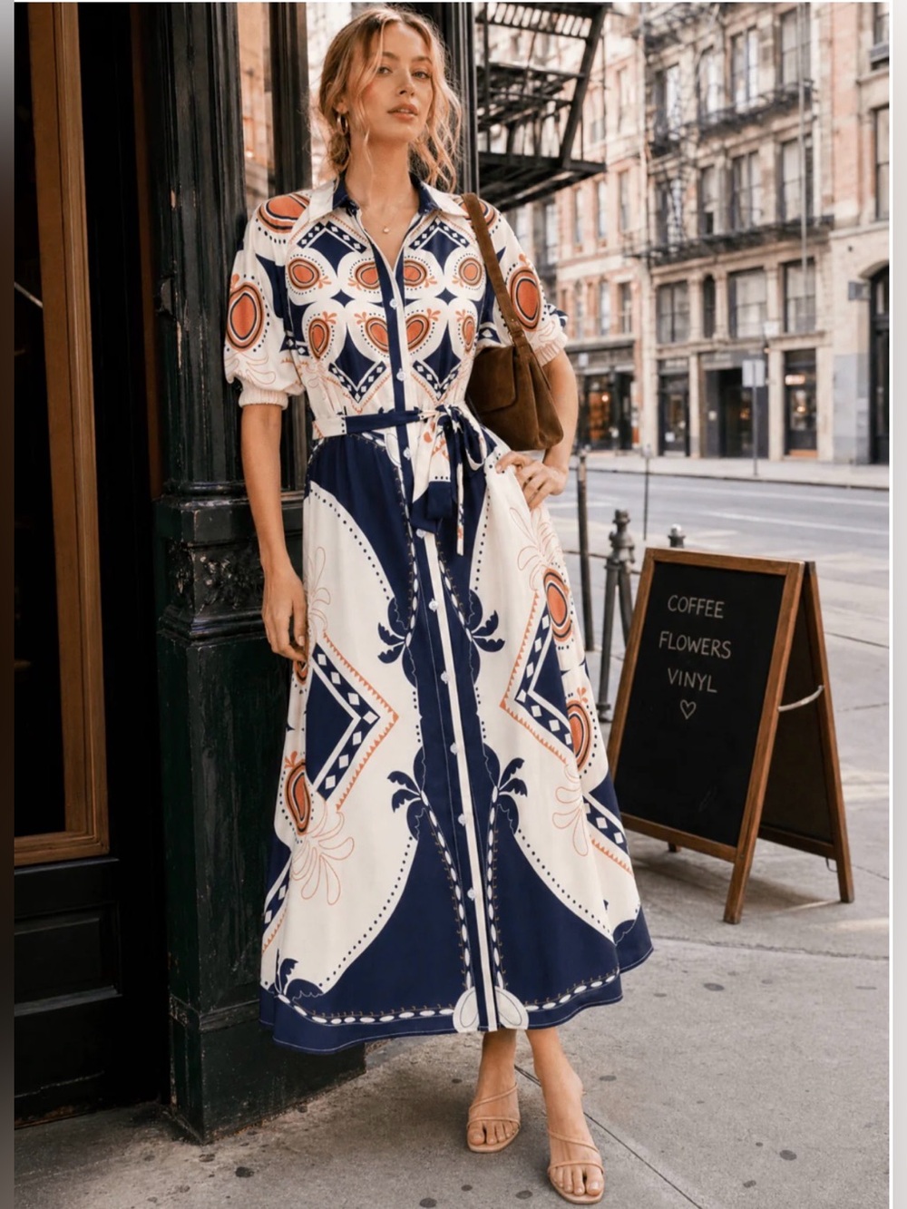 🌟B685. Bohemian Print Button Front Shirt Maxi Dress